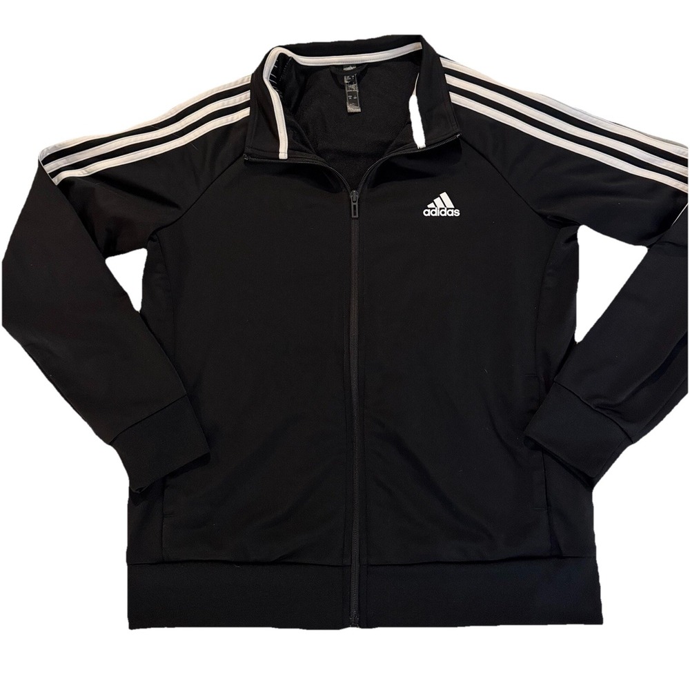 Adidas Jacket Women L Black Classic 3 Stripes Full Zip Retro Active EUC